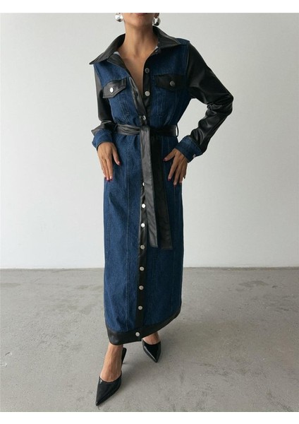 Eyesof Kot Elbise Uzun Önden Düğmeli - Mavi modelleri