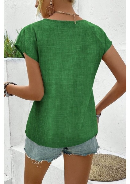 Eyesof Kadın Kısa Kollu V Yakalı Düğmeli Keten Bluz indirimleri