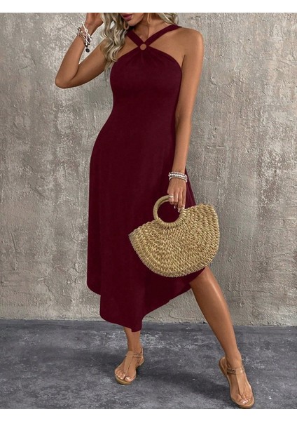 Eyesof Kadın Boyundan Çapraz Askılı Halka Detaylı Asimetrik Kesim Viskon Elbise indirimleri