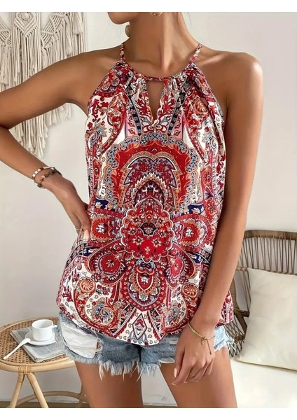 Eyesof Kadın Halter Kollu Damla Detaylı Desenli Süprem Bluz fırsatları