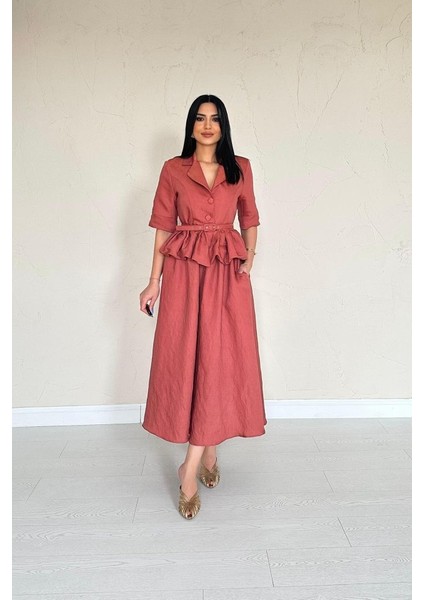 Eyesof Moccah Ince Kemerli Fırfırlı Ceket ve Büzgülü Etek Takım modelleri