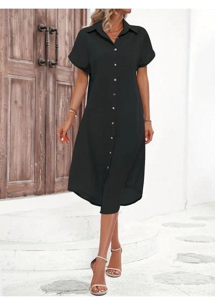 Eyesof Kadın Kısa Kollu Yakalı Düğme Detay Midi Dokuma Elbise indirimleri