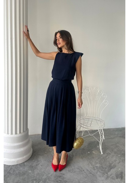 Eyesof Keten Kolsuz Bluz - Maxi Etek Takım - Lacivert modelleri