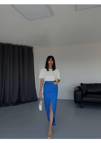 Eyesof Gabardin Uzun Önden Yırtmaçlı Etek - Saks indirimleri