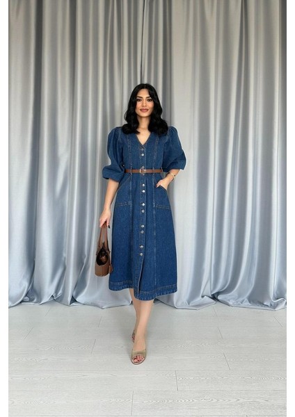 Eyesof Mavi Balon Kol Kot Elbise