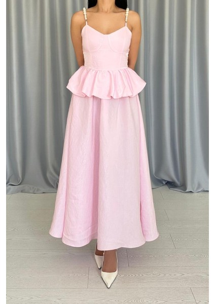 Eyesof Pembe Beli Büzgülü Inci Askılı Uzun Elbise modelleri