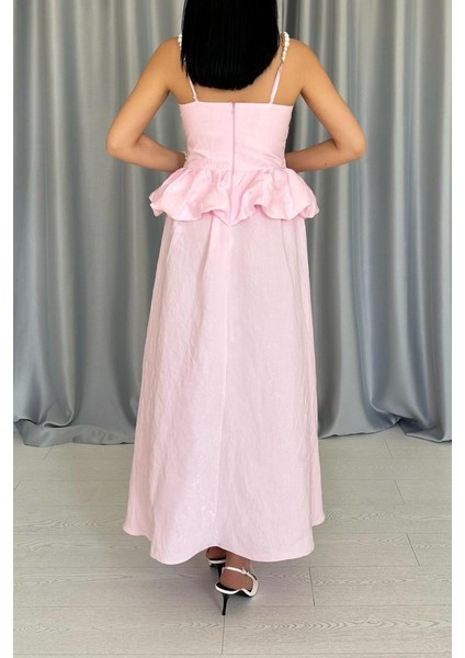 Eyesof Pembe Beli Büzgülü Inci Askılı Uzun Elbise fırsatları