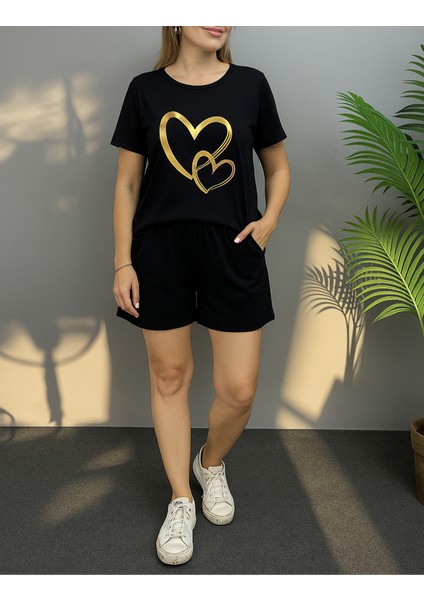 Eyesof Kadın Kısa Kollu Bisiklet Yaka Viskon Iki Iplik Bluz ve Short Ikili Takım