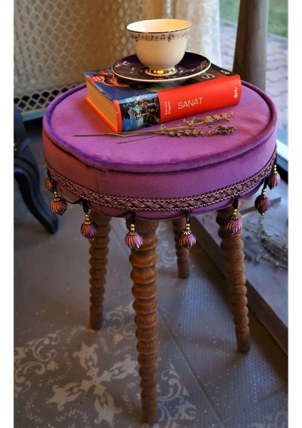 Mor Kadife Kumaştan Ahşap Ayaklı Dekoratif Puf Sehpa fiyatları