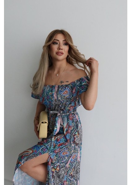 Eyesof Kadın Kısa Kollu Madonna Yaka Fırfırlı Belden Yırtmaçlı Maksi Süprem Elbise fiyatları
