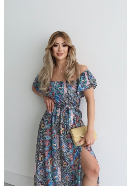 Eyesof Kadın Kısa Kollu Madonna Yaka Fırfırlı Belden Yırtmaçlı Maksi Süprem Elbise