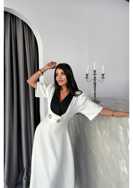 Eyesof Tasarım Elbise Ceket Yaka Gold Düğme Detaylı Kısa Kol - Beyaz fiyatları