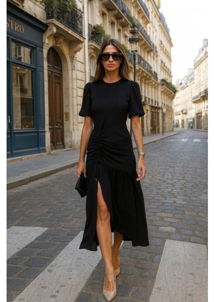 Eyesof Kadın Kısa Kollu Bisiklet Yakalı Yandan Yırtmaçlı Büzgülü Janjan Krep Elbise