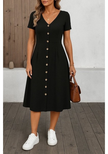 Eyesof Kadın Kısa Kollu V Yakalı Önden Düğmeli A Kesim Dokuma Elbise