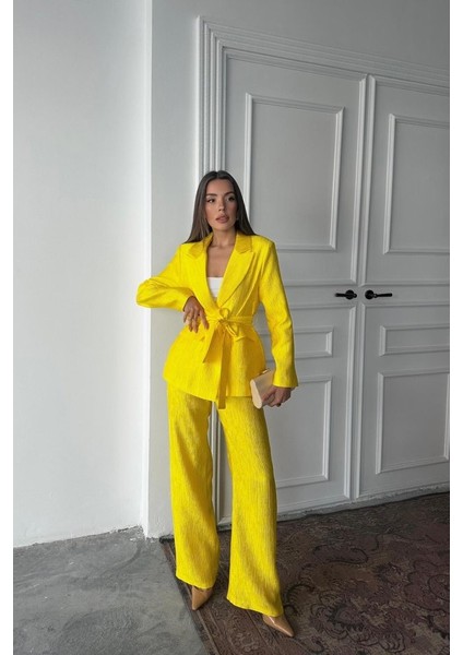 Eyesof Neon Beli Kuşaklı Ceket ve Pantolon Parlak Takım