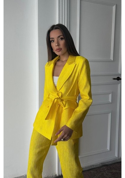 Eyesof Neon Beli Kuşaklı Ceket ve Pantolon Parlak Takım fırsatları