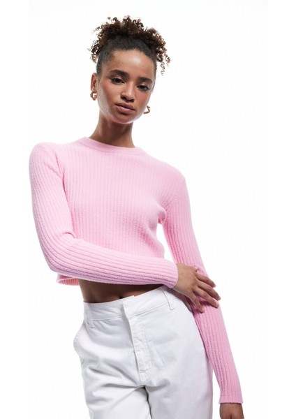 Uzun Kollu Bisiklet Yaka Triko Crop Kazak