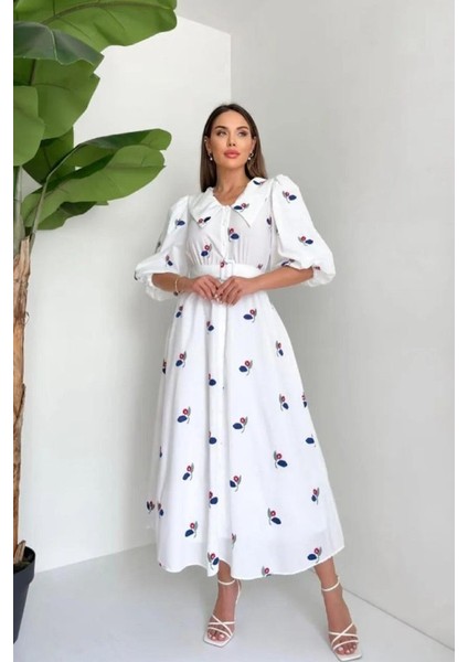 Eyesof Kırmızı Yakası Çiçek Motifli Kemerli Elbise fiyatları