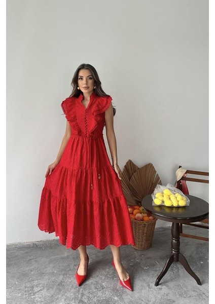 Eyesof Kırmızı Fırfırlı Düğmeli Elbise fiyatları