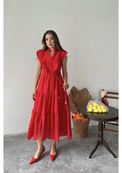 Eyesof Kırmızı Fırfırlı Düğmeli Elbise modelleri
