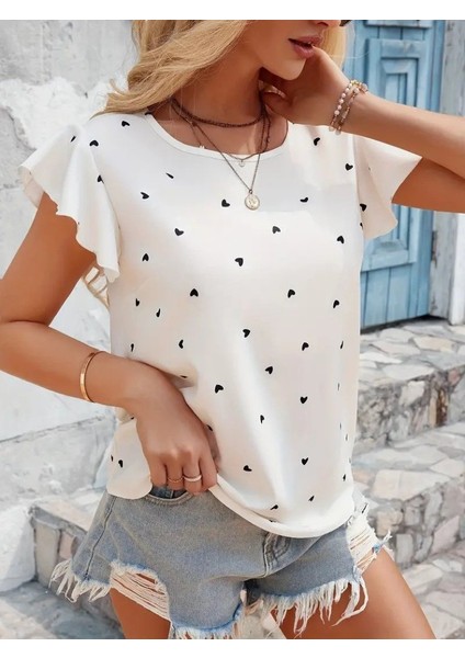 Eyesof Kadın Kısa Kelebek Kollu Bisiklet Yaka Kalp Desenli Süprem Bluz