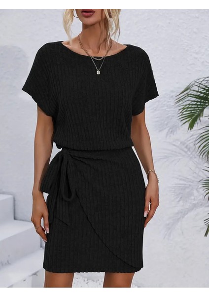 Eyesof Kadın Kısa Kollu Yakası Açık Belden Lastikli Yandan Bağlamalı Kalın Fitilli Kaşkorse Elbise modelleri