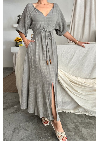 Eyesof V Yaka Bel Boncuk Bağlamalı Müslin Elbise Yırtmaç Detaylı - Gri fiyatları