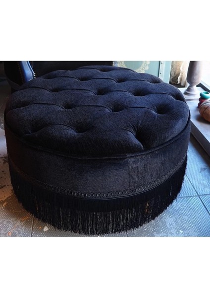 Siyah Renk Kapitoneli 70*40 cm Dekoratif Püsküllü Vintage Puf