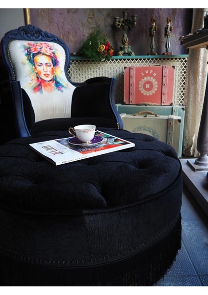 Siyah Renk Kapitoneli 70*40 cm Dekoratif Püsküllü Vintage Puf modelleri