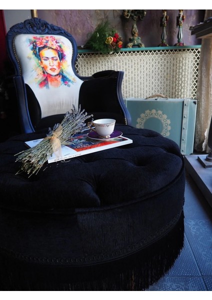 Siyah Renk Kapitoneli 70*40 cm Dekoratif Püsküllü Vintage Puf