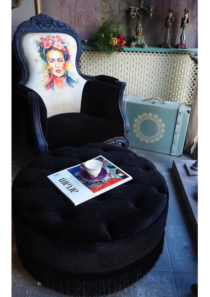 Siyah Renk Kapitoneli 70*40 cm Dekoratif Püsküllü Vintage Puf