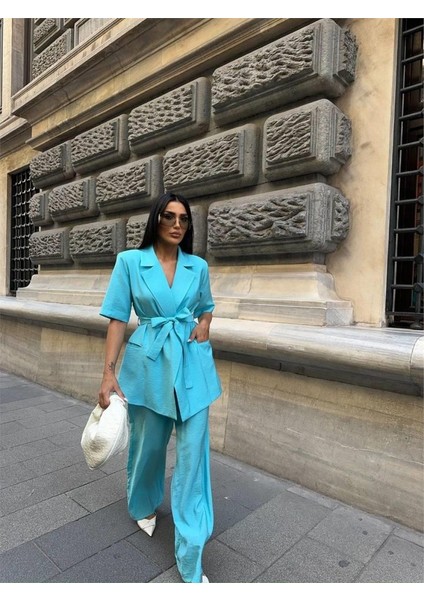 Eyesof Kısa Kol Bağlama Detaylı Ceket-Pantolon Takım - Mavi