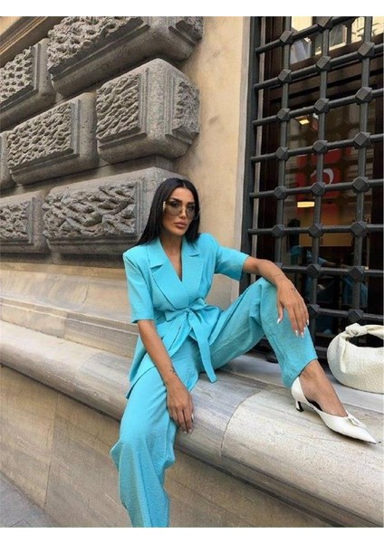 Eyesof Kısa Kol Bağlama Detaylı Ceket-Pantolon Takım - Mavi modelleri