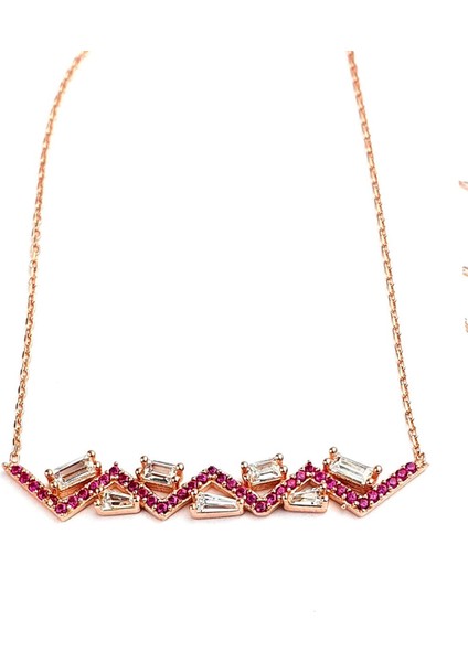 Pembe Zirkon ve Baget Taşlı 925 ayar Gümüş Rose Kolye