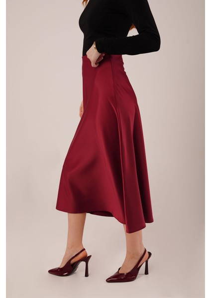 Eyesof Çan Kesim Midi Bordo Saten Etek