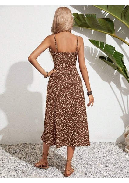 Eyesof Kadın Ip Askılı Geniş V Yaka Bağcıklı Yandan Yırtmaçlı Çiçek Desenli Midi Süprem Elbise indirimleri