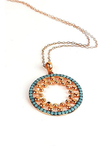 Turkuaz Taşlı Gümüş Üzerine rose altın kaplamalı trend kolye