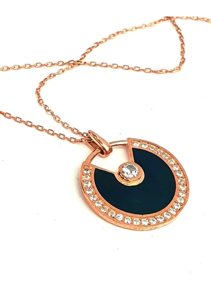 Yeşil mineli zirkon taş detaylı tasarım rose gümüş kolye