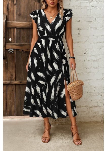 Eyesof Kadın Kısa Kollu V Yakalı Desenli Yandan Yırtmaçlı Süprem Elbise fiyatları