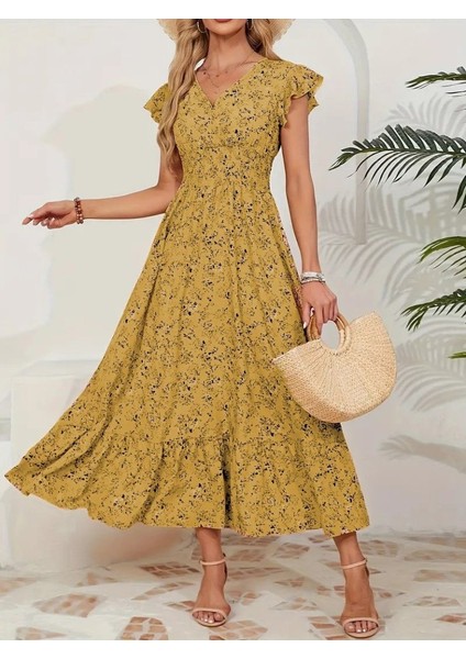 Eyesof Kadın Kısa Kollu Kruvaze Yaka Beli Lastikli Çiçek Desenli Elbise modelleri