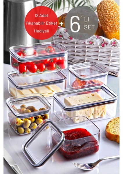 6'lı Set Silikon Conta Kapaklı Etiketli Kahvaltı & Çerezlik Takımı X3 0,75 Lt / X3 0,5 Lt