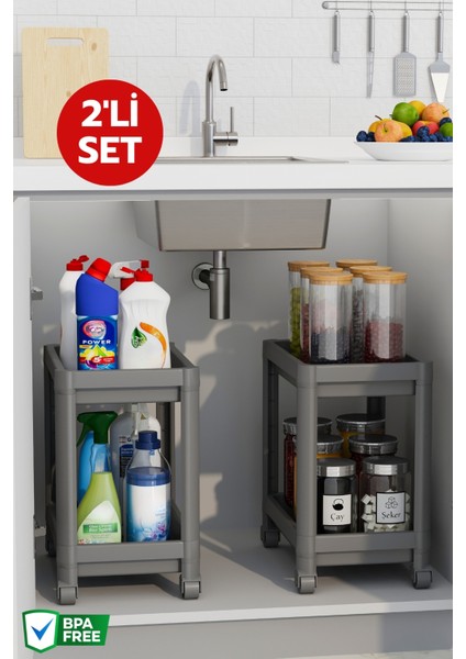 2 Adet Tezgah Altı Tekerlekli Raf Ünitesi Koku Yapmaz Gri Plastik 10x10x210 cm
