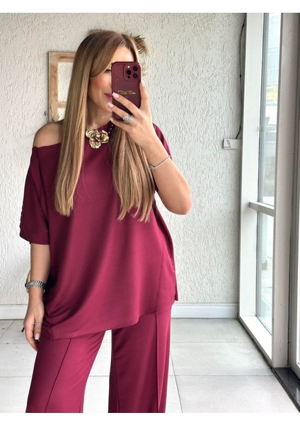Eyesof Kadın Tek Omuzdan Açık Geniş Kesim Viskon Iki Iplik Bluz ve Pantolon Ikili Takım fiyatları