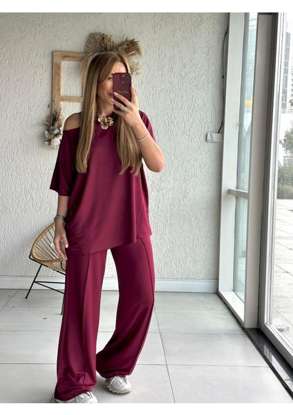 Eyesof Kadın Tek Omuzdan Açık Geniş Kesim Viskon Iki Iplik Bluz ve Pantolon Ikili Takım modelleri