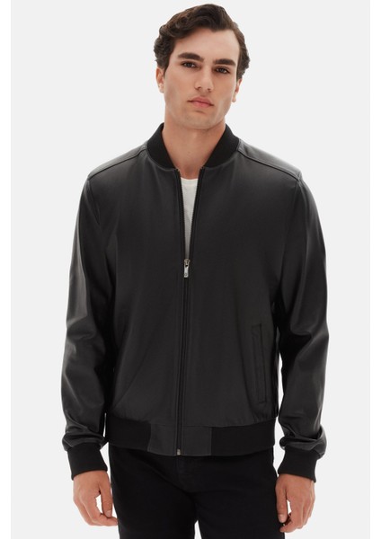 Ds Damat Regular Fit Siyah Düz Deri Mont