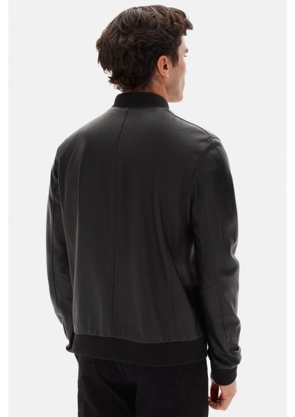 Ds Damat Regular Fit Siyah Düz Deri Mont