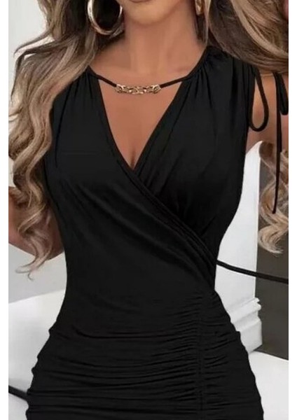 Eyesof Kadın Sıfır Kollu V Yakalı Yırtmaç Detaylı Beli Büzgülü Omuzdan Bağcıklı Sandy Maxi Elbise fiyatları