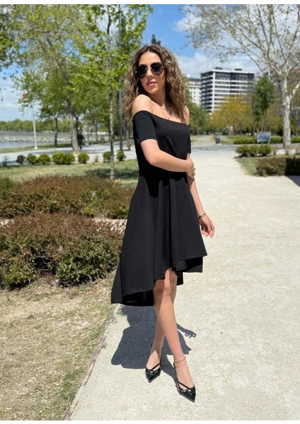 Eyesof Kadın Kısa Kollu Madonna Yaka Önü Kısa Arkası Uzun Ithal Krep Elbise fırsatları