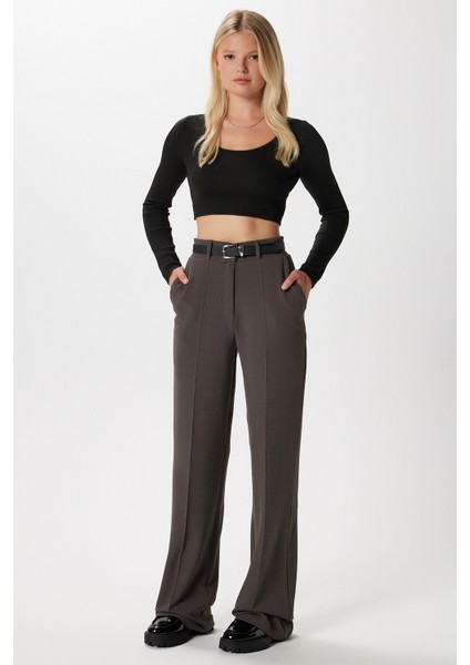 Likra Serisi Lift Süs Dikişli Esnek Antrasit Palazzo Pantolon