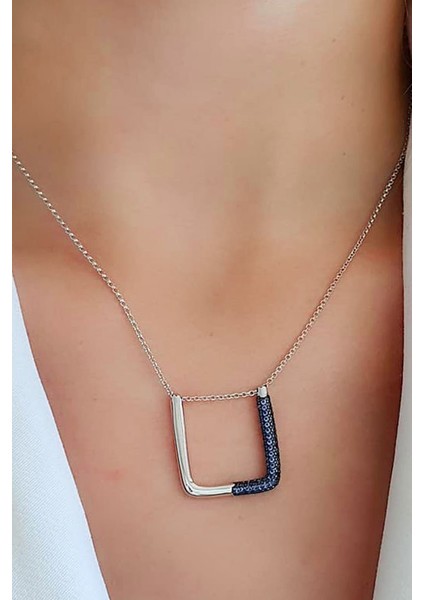 Lacivert zirkon taş italyan tasarımı 925 ayar gümüş asansörlü ayarlanabilir kare kolye